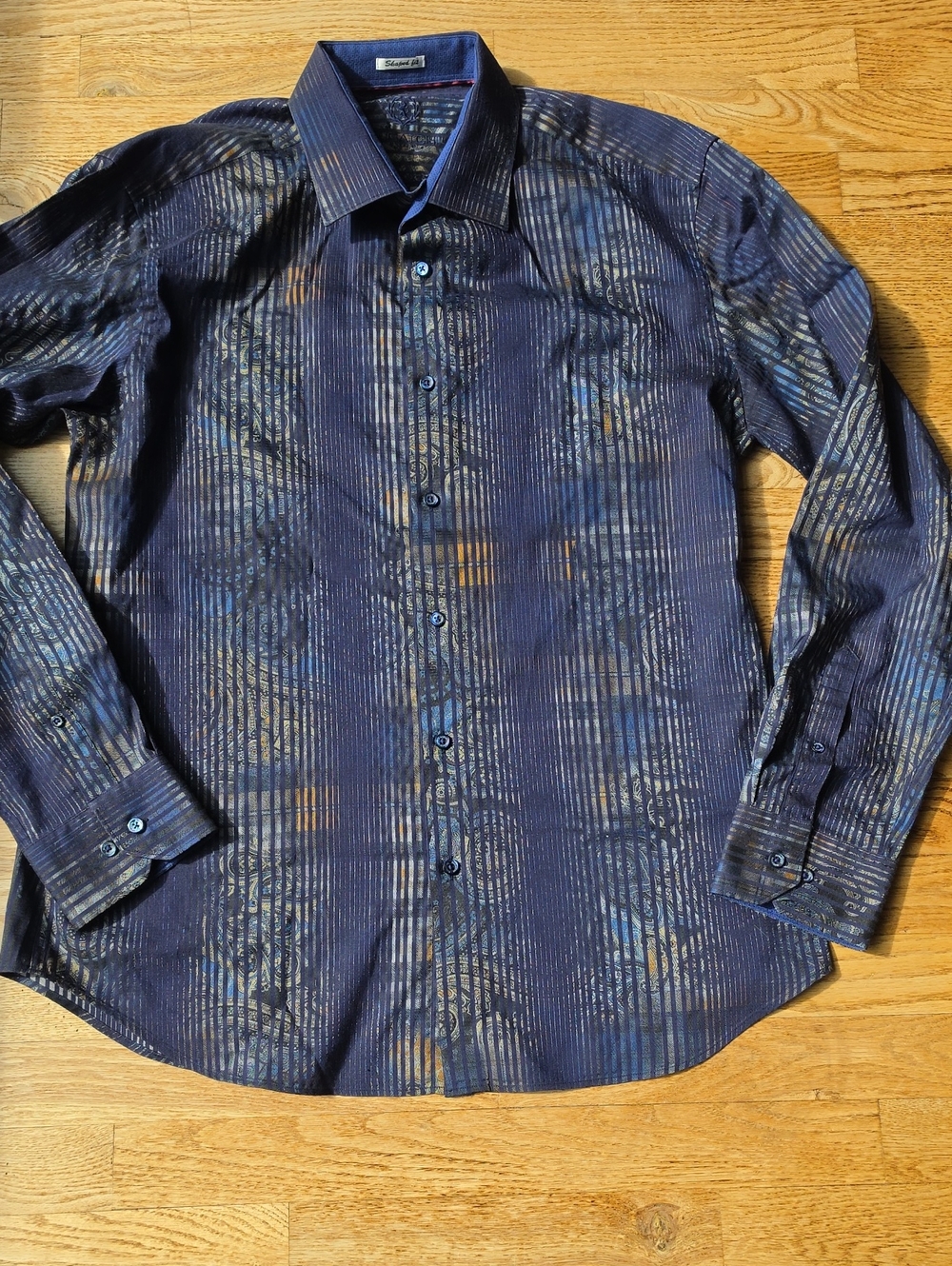 (XL) Bugatchi Navy Blue Patterned Button-Down Shirt Quiet Luxury Ecclectic Dress